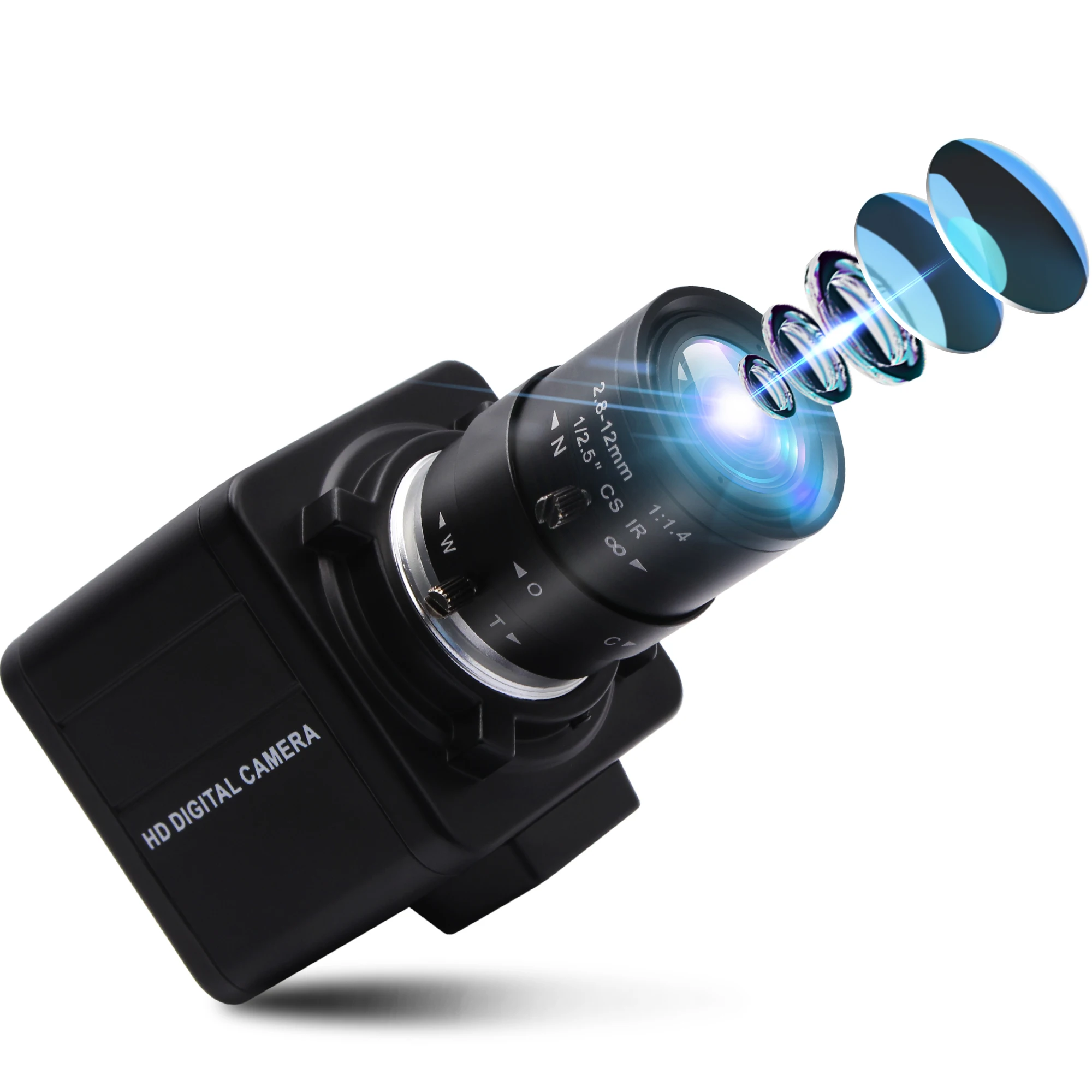 ELP Camera USB 1280*720 Global Shutter MJPEG 60fps Varifocus Zoom Webcam with 2.8-12mm Manual Lens Monochrome USB2.0 Camera