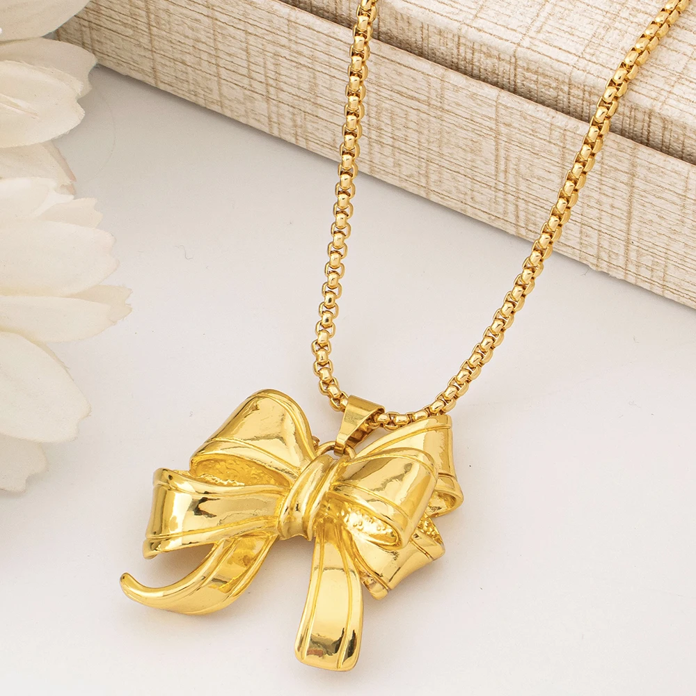 Elegant Bow‑Knot Gold 4Pcs Jewellery Set For Women Necklace Earrings Bangle Ring Luxury Dubai African Party Wedding Jewelry Gift