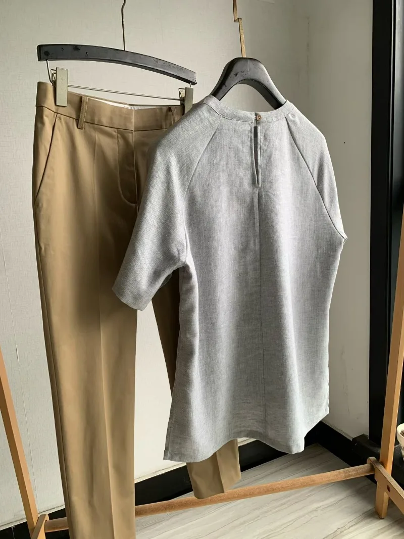 Round Neck Raglan Sleeve Linen Grey Top