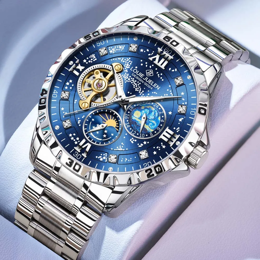 LOUIE JUELEN 2026 New Automatic Mechanical Watch Business Waterproof Luminous Sun Moon Stars Men's Wristwatch Clock Reloj Hombre