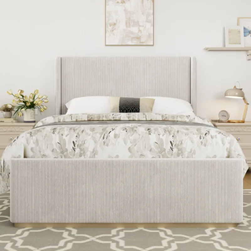 Queen Size Corduroy Upholstered Bed Frame With Vertical Stripe Wingback Headboard And High Footboard Light Grey