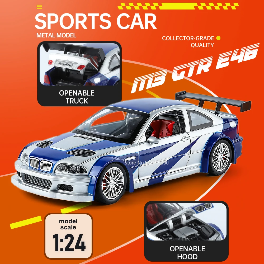 

Металлическая модель гоночного автомобиля BMW M3 GTR E46 в масштабе 1:24, с функцией поворота передних колес, амортизацией, звуком и светом, подарок для детей