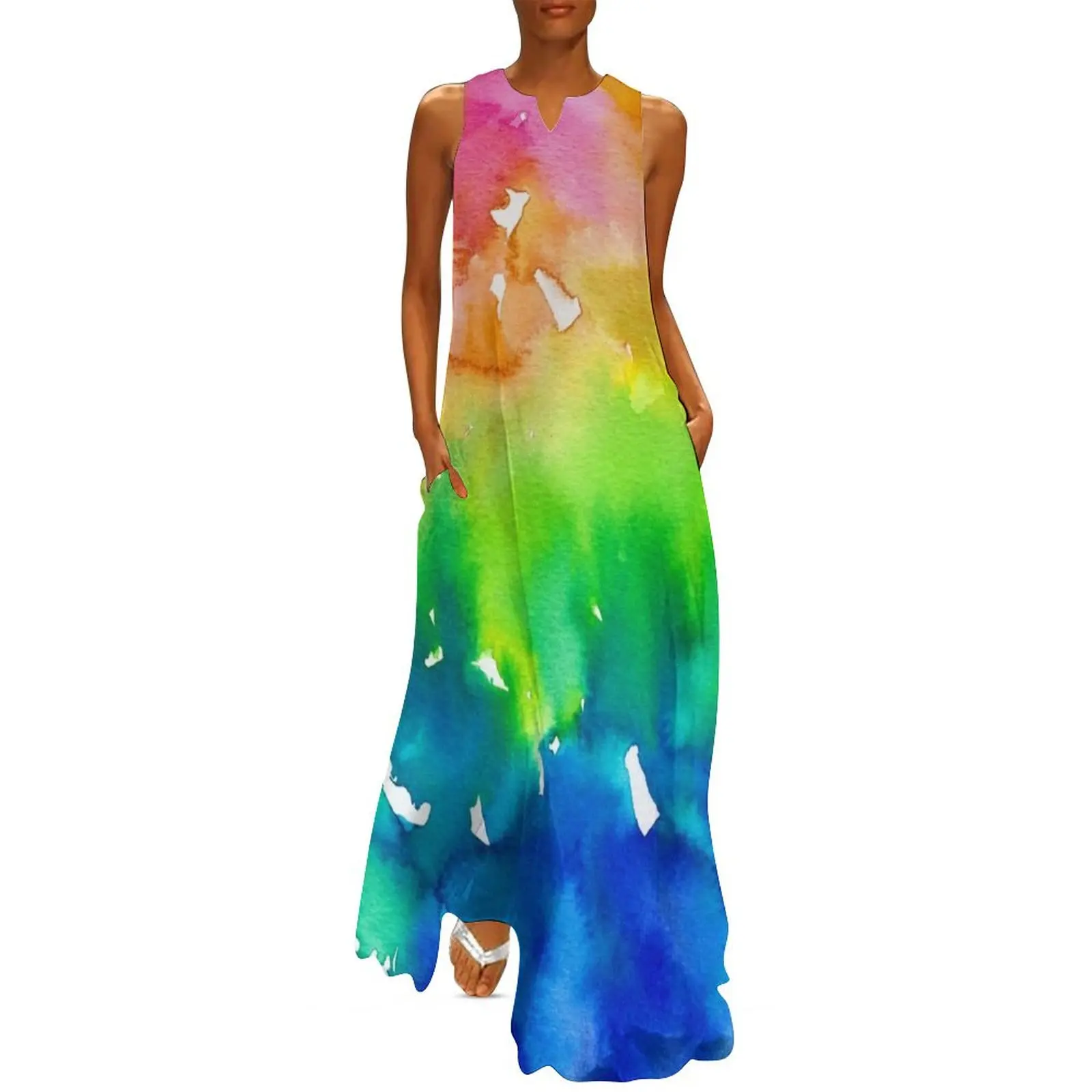 

Rainbow Watercolor Paint Splash Art Long Dress summer dresses Dresses Dress