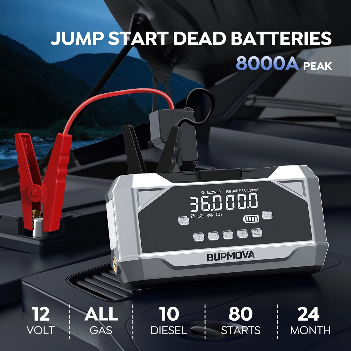 Avviatore di emergenza 8000A con compressore d'aria, gonfiatore per pneumatici, caricabatterie portatile per auto, power bank, pompa d'aria, con display LCD, avviatore di emergenza e power bank (tutti