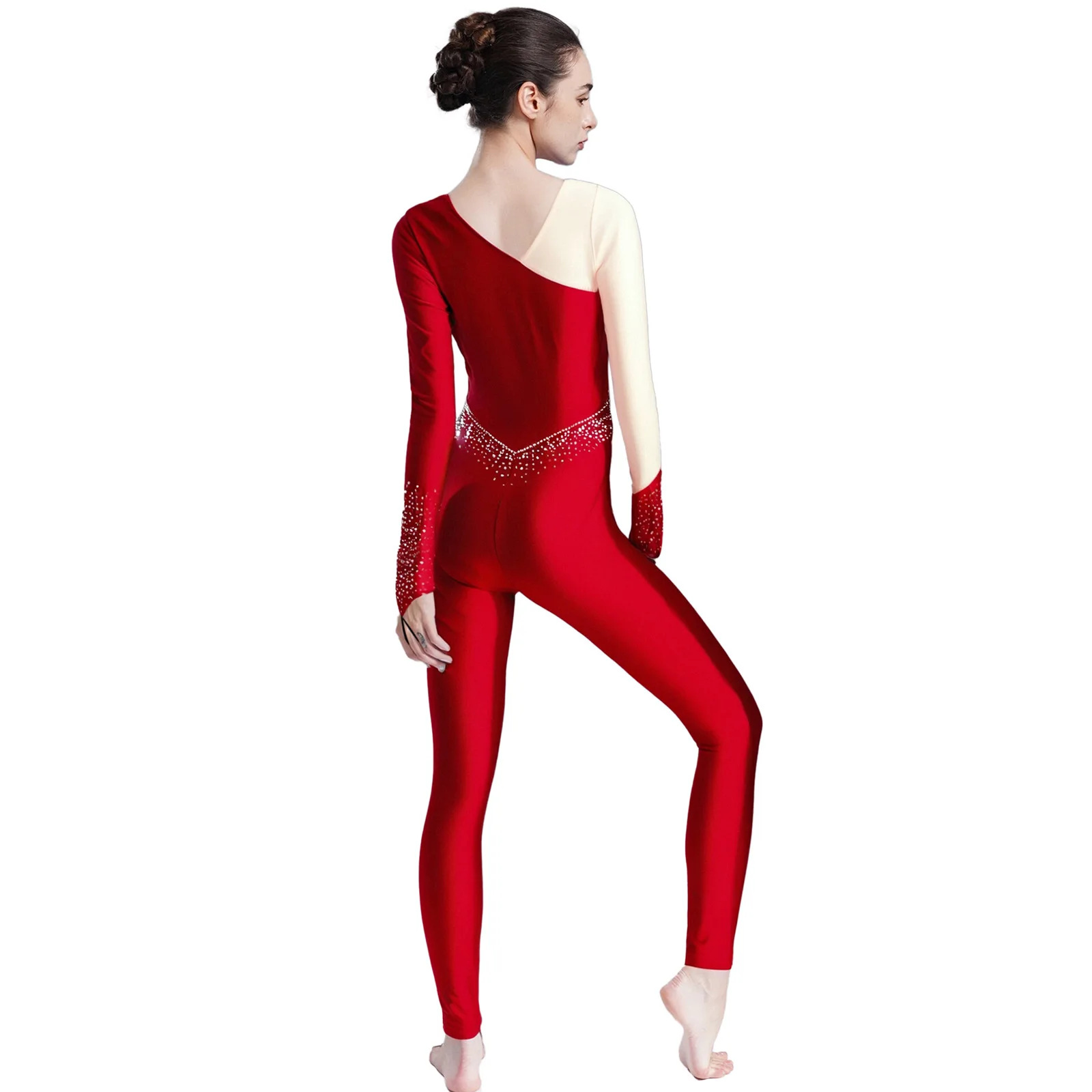 Women Acrobatics Gymnastics Leotard Romper Shiny Rhinestone One Piece Unitard Figure Skating Ballet Costume Long Sleeve Jumpsuit