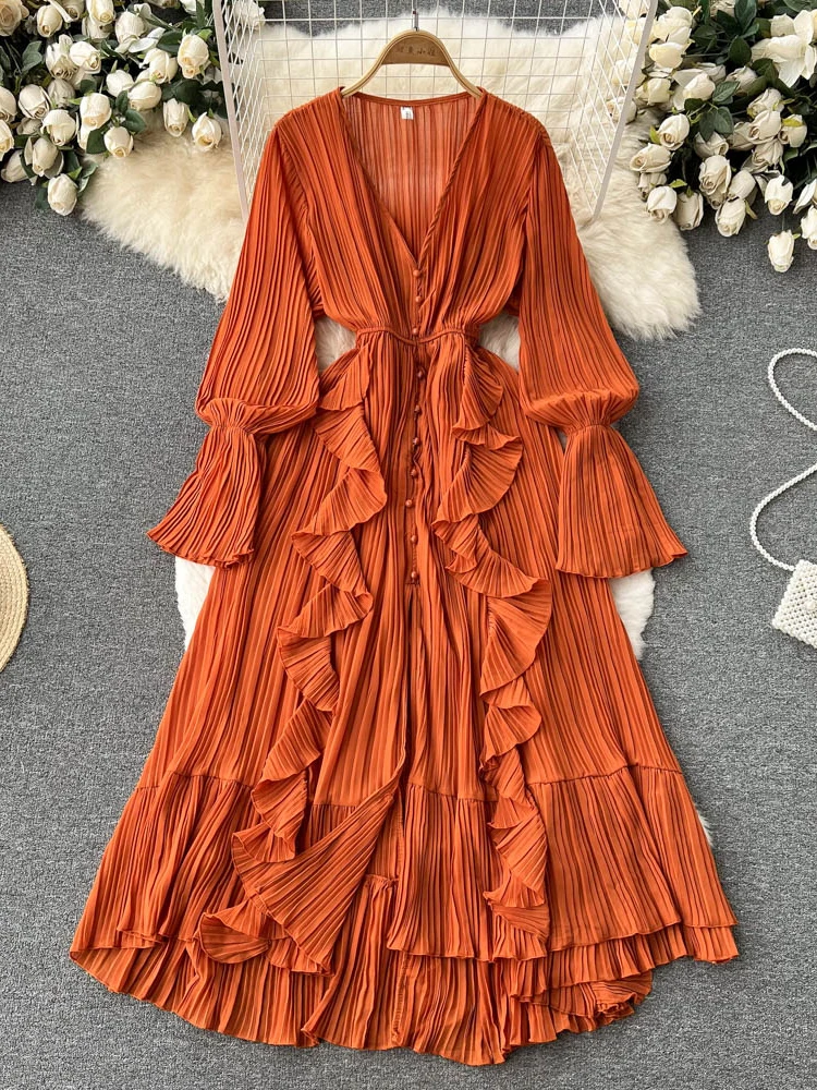 Party V Neck Maxi Dresses for Women's Solid Temperament Robe Femme 2024 Vestidos De Mujer Ruffles Tunic Chic Flare Sleeve Dress