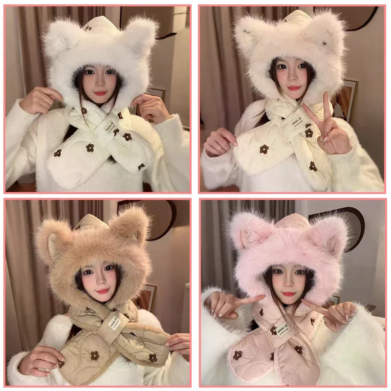 وشاح سميك، قبعة قطيفة نسائية لطيفة، قبعة Lei Feng الدافئة لركوب الدراجات، قبعة حماية الأذن