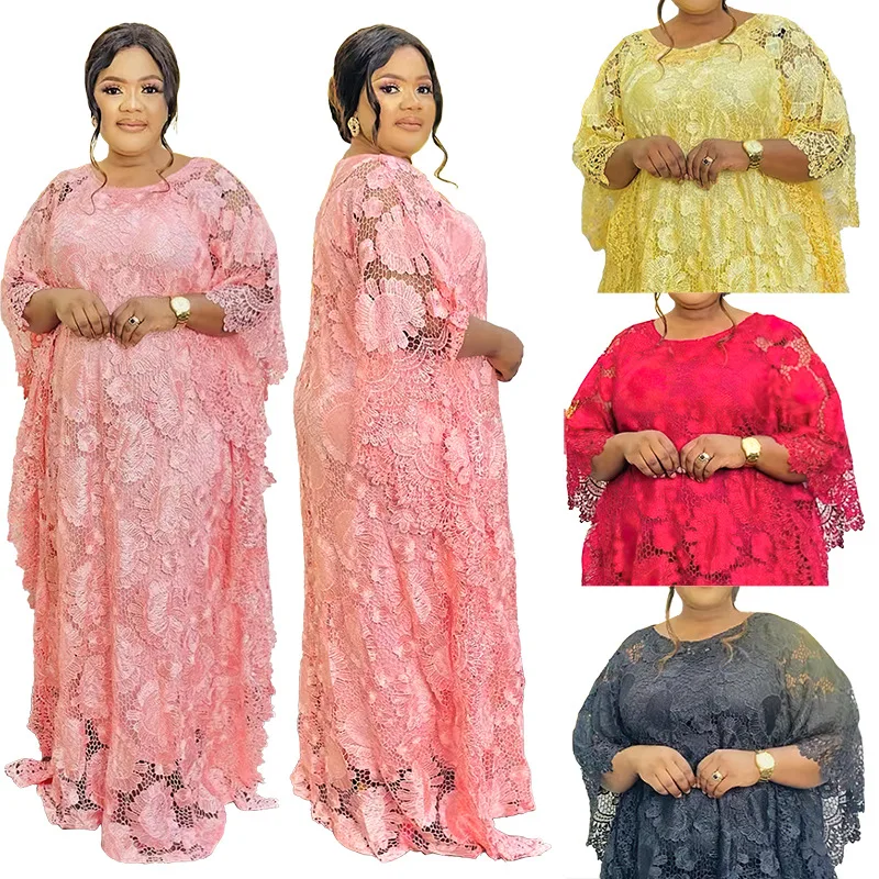 African Dresses for Women Spring Summer African Women Lace Half Sleeve Plus Size Long Dress Muslim Abaya African Robes