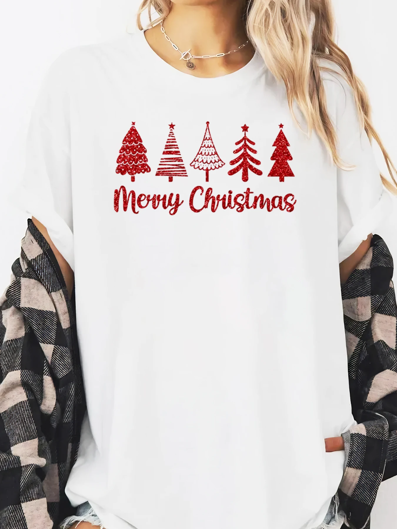 

Рождественская елка с рождественским принтом, футболка с длинным рукавом, женская праздничная вечеринка, повседневная белая футболка больших размеров