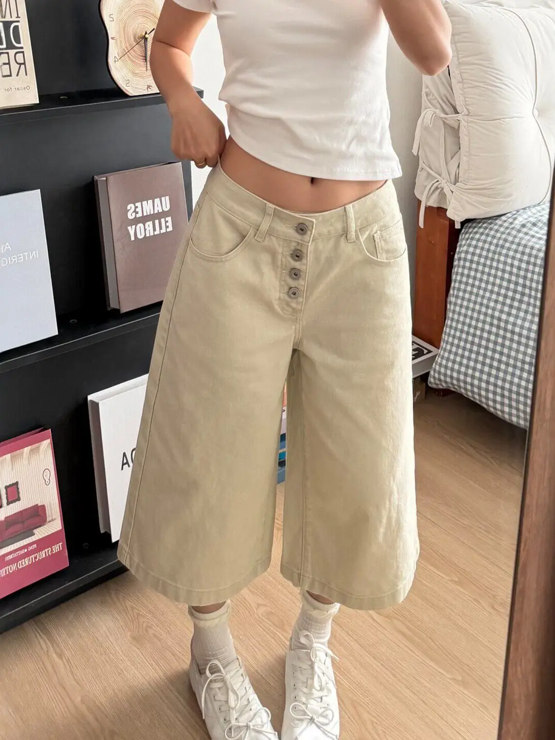 American Kaki Color Single Button Seven-Foot High Waist Slimming Loose Lazy Wide Leg Jeans Women Summer New Style Loose Fit J...