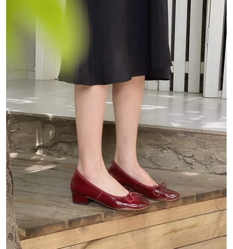 Ballet Shoes Slip On Women Low Heels Retro Style Ladies Elegant Shoes Square Toe Cowhide Spring Atumn Basic Design Footwear