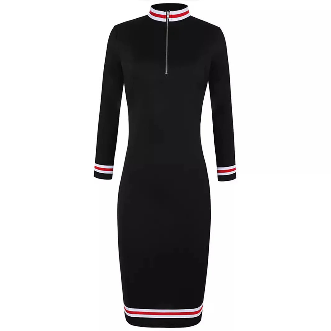 Elegant Ladies Side Striped Bodycon Dress Color Matching Stretch Office Dresses Winter Women 2021 Zipper Black Dress Vestido