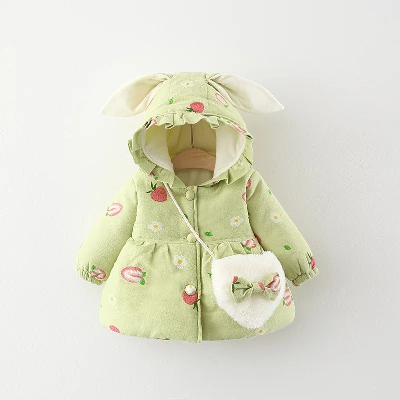 Winter New Baby Coat Sweet Girl Coat，Hooded Long Sleeve Children\'S Clothing + Bag (0-3 Years Old)