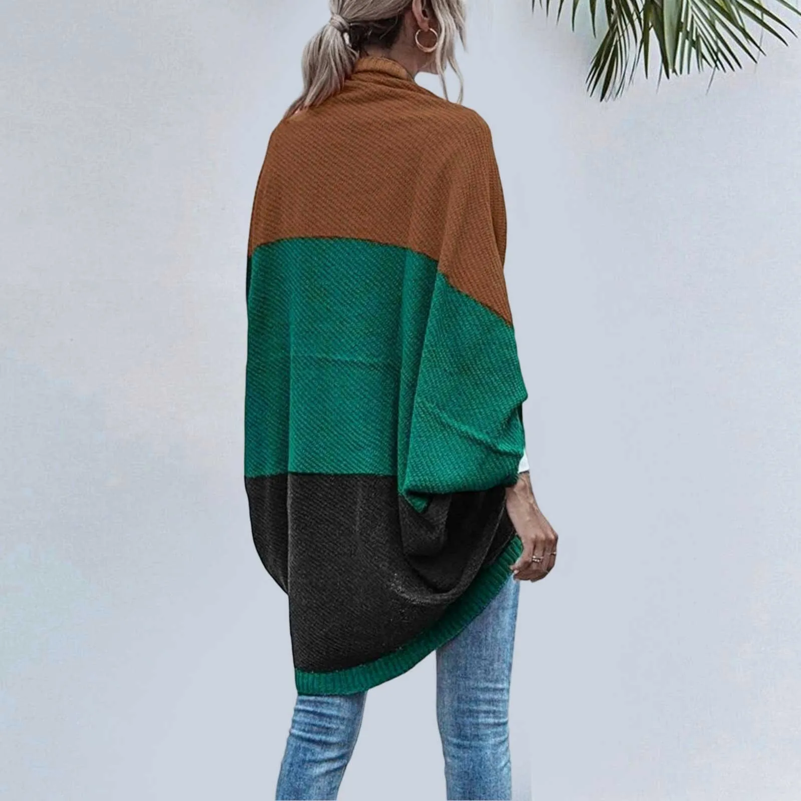 Women's Cardigan Striped Draped Cardigan Patchwork Side Long Sleeve Autumn and Winter New Colorblocking Knitted Sweater Jacket