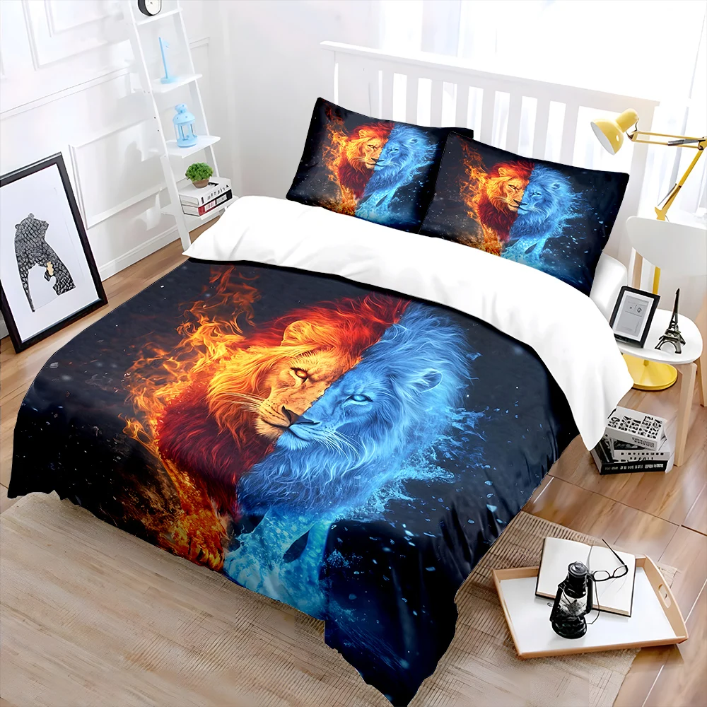 Lion of Fire and Ice Contrast Bedding Set for Kids Luxury Gift 3pcs Digital Print Comforter Set Soft Comfortable Breathable