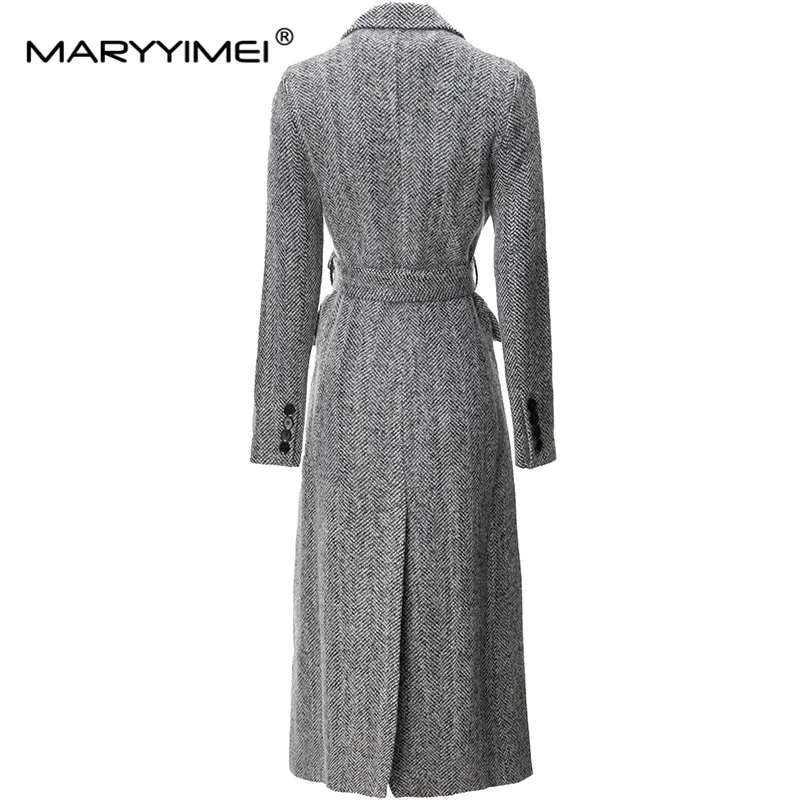 MARYYIMEI High Street Fashion Designer Autumn Outerwear Women's  Lapel Long Sleeves Double-Breasted Girdle Gray Wool Coat