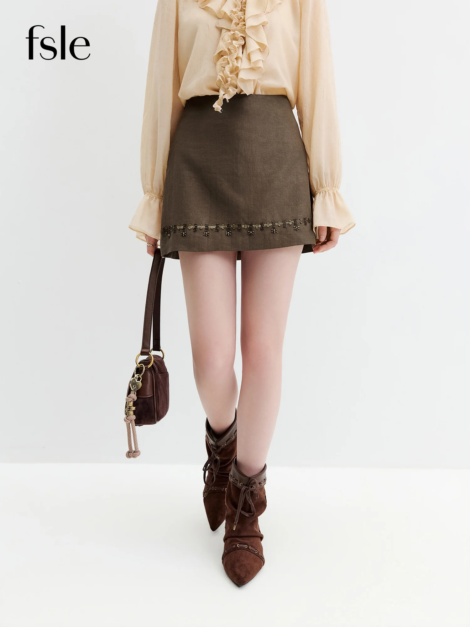FSLE 2026 Autumn New Arrival Women's Coffee Brown Beaded A-Line Short Skirt, Lyocell & Linen Blend, High Waist Slim Fit