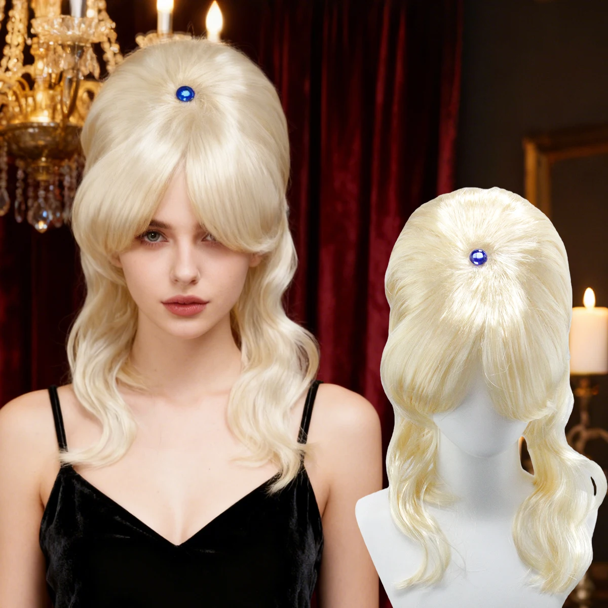 

Винтажный парик-цилиндр с синим бриллиантом, стиль золотых волнистых локонов, элегантный аксессуар для волос, парик для вечеринки, сценический парик