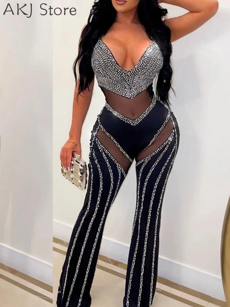 ตาข่าย SHEER Rhinestone Jumpsuit สําหรับผู้หญิง Night Club Rompers ดูผ่านปาร์ตี้เซ็กซี่ Bodycon Jumpsuits