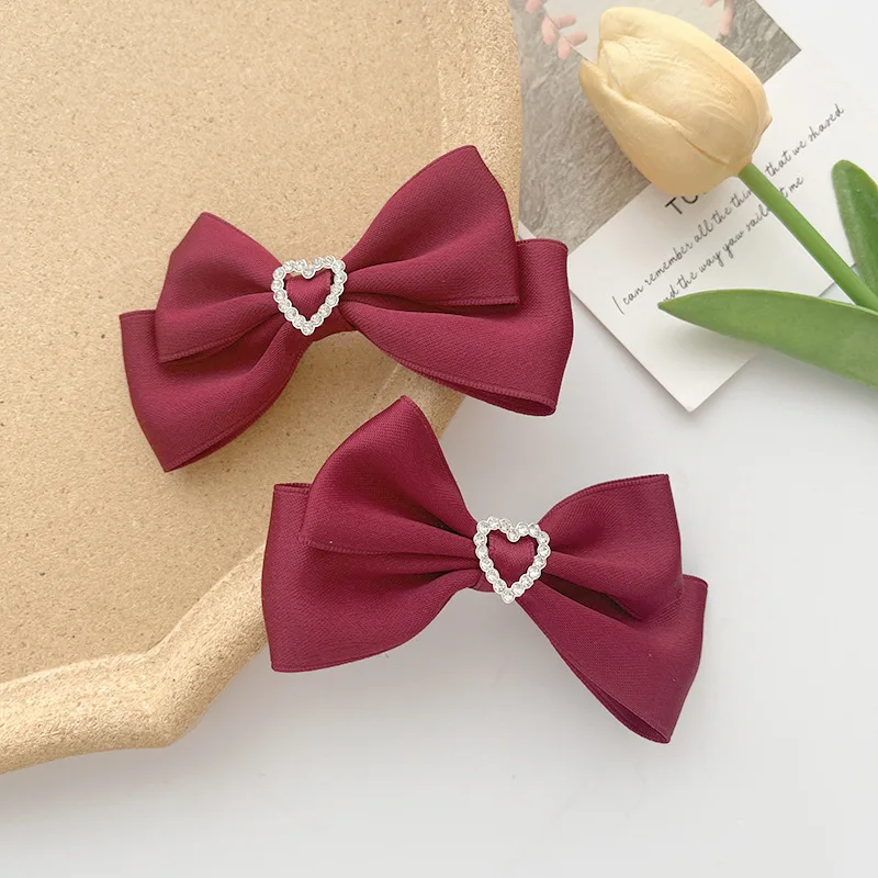 1 Paar herzförmige Strass-Satin-Haarspangen mit Schleife, mehrfarbige Vintage-Haaraccessoires für süße Haare, vielseitige Alltags-Lolita-Kopfbedeckung – Detail 8