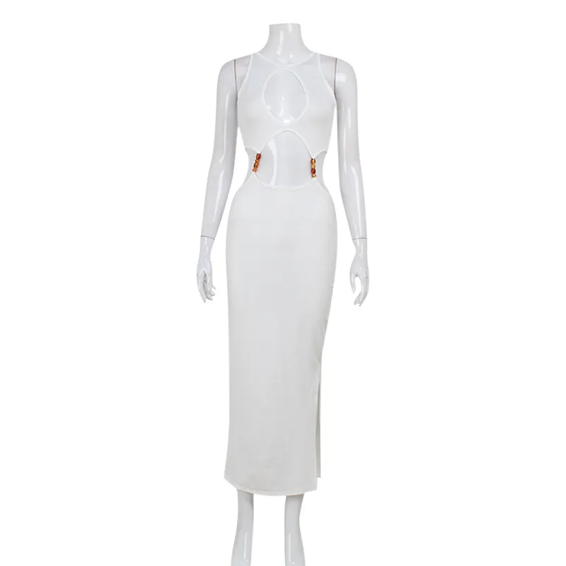 Vestidos de fiesta para mujer, ropa de calle Sexy a la moda, color liso, ahuecado, cuello redondo, sin mangas, ajustado, ajustado