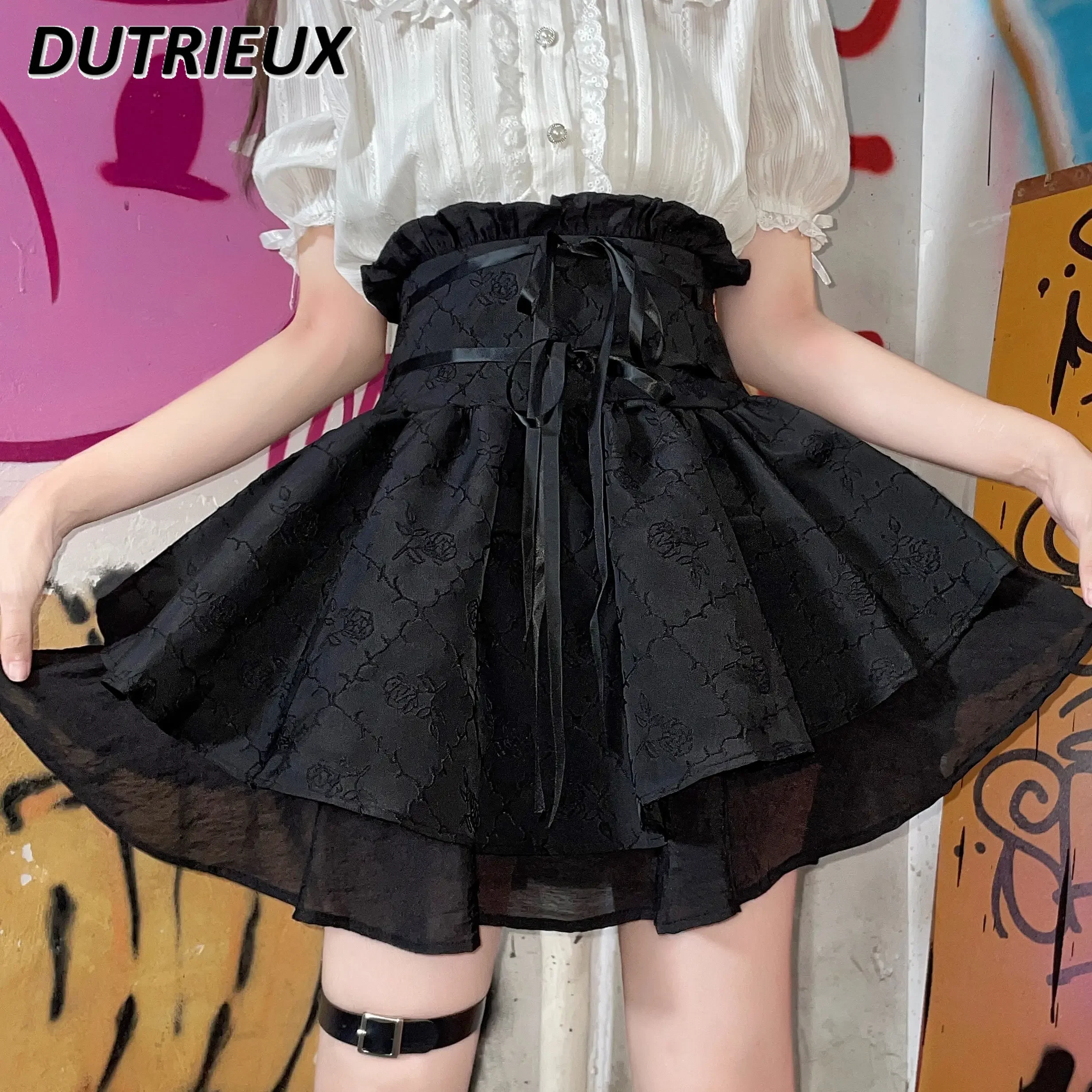 Sweet Girl Punk Style Lace Bow High Waist A- Line Short Skirt Summer New Black Niche Lace-up A-line Puff Skirts for Women