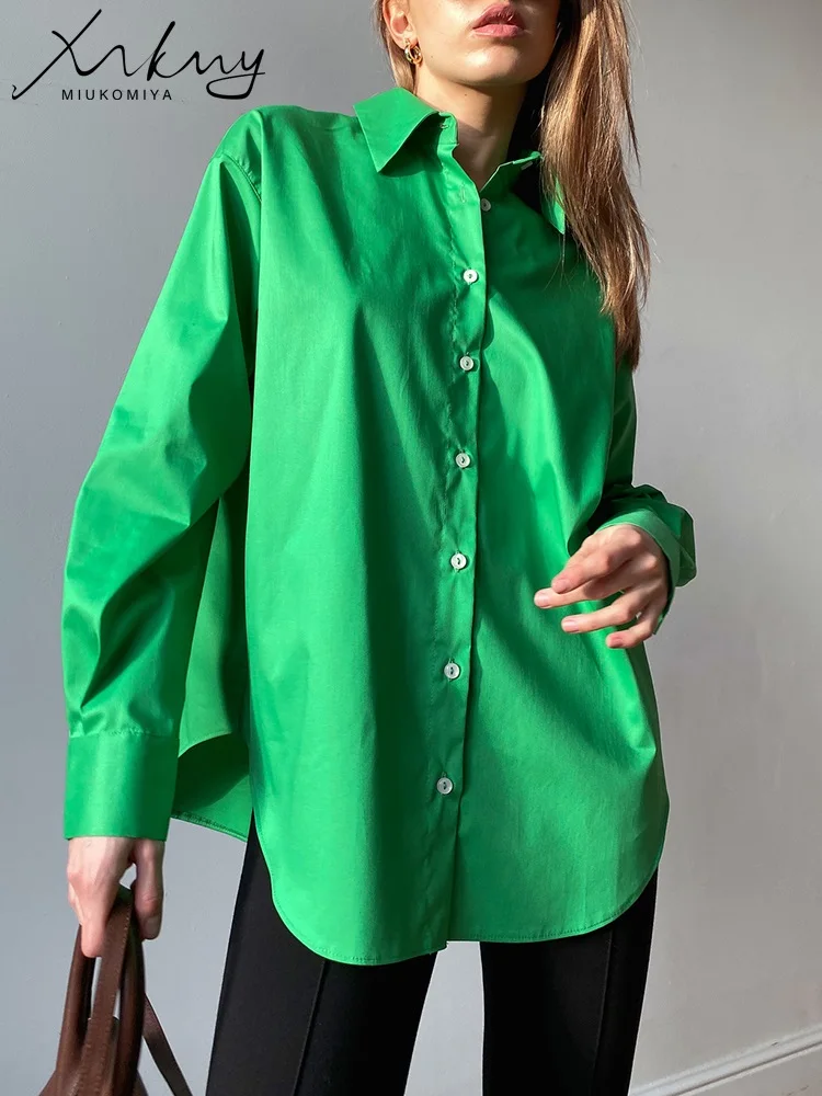 MiuKoMiYa Autumn Women Oversized Blue Shirts Long Sleeve Tops Women 2022 Office Wear Oversize Green Blouses For Women Fashion