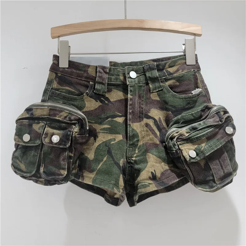 Summer Camouflage Shorts American Style Retro Large Pockets Workwear Denim Shorts Women's Casual High-Waisted Hot Pants