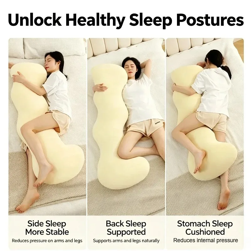 Newest 1pc Summer Cooling Ice Fiber Fabric Long Pillow with Core, Side Sleep Wave Leg Clamp Pillow,  with Removable Cover Design