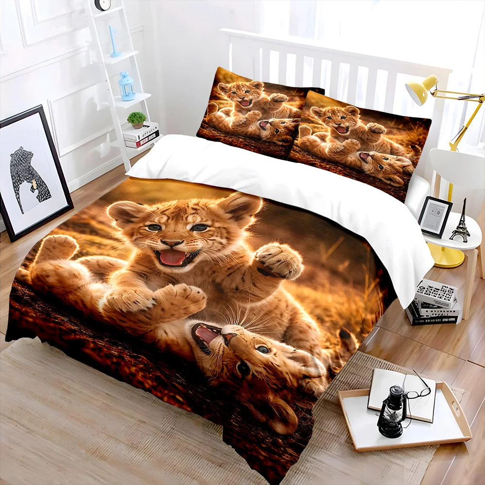 Cute Playful lion cubs Bedding Set for Kids Luxury Gift 3pcs Digital Print Comforter Set Soft Comfortable Breathable for gifts