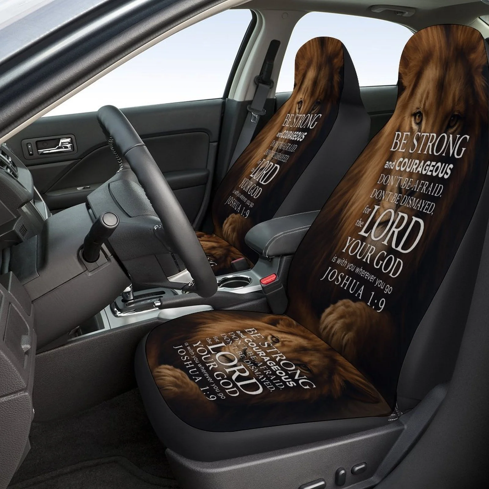 Lion Courage Scripture Themed Car Seat Cover Set | High-quality Polyester Universal Fit Seat Covers For 2 Front And Rear Seats,