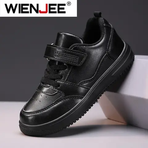 Zapatillas de correr para niños y niñas, zapatillas ligeras antideslizantes para deportes escolares, caminar, zapatillas de tenis informales de cuero PU, color negro