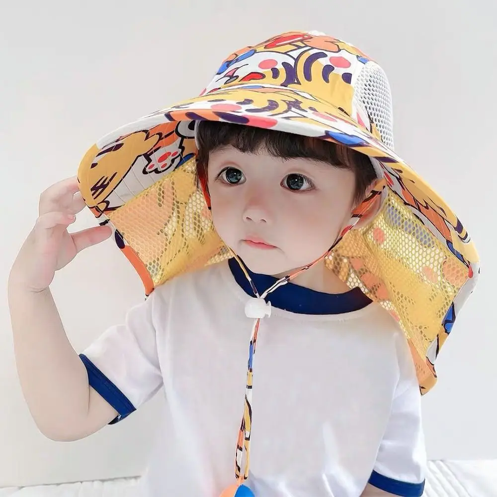 Summer Baby Sun Hat With Neck Flap Strap Wide Brim Beach Hats Kids Bucket Hat With Whistle UV Protection Panama Cap