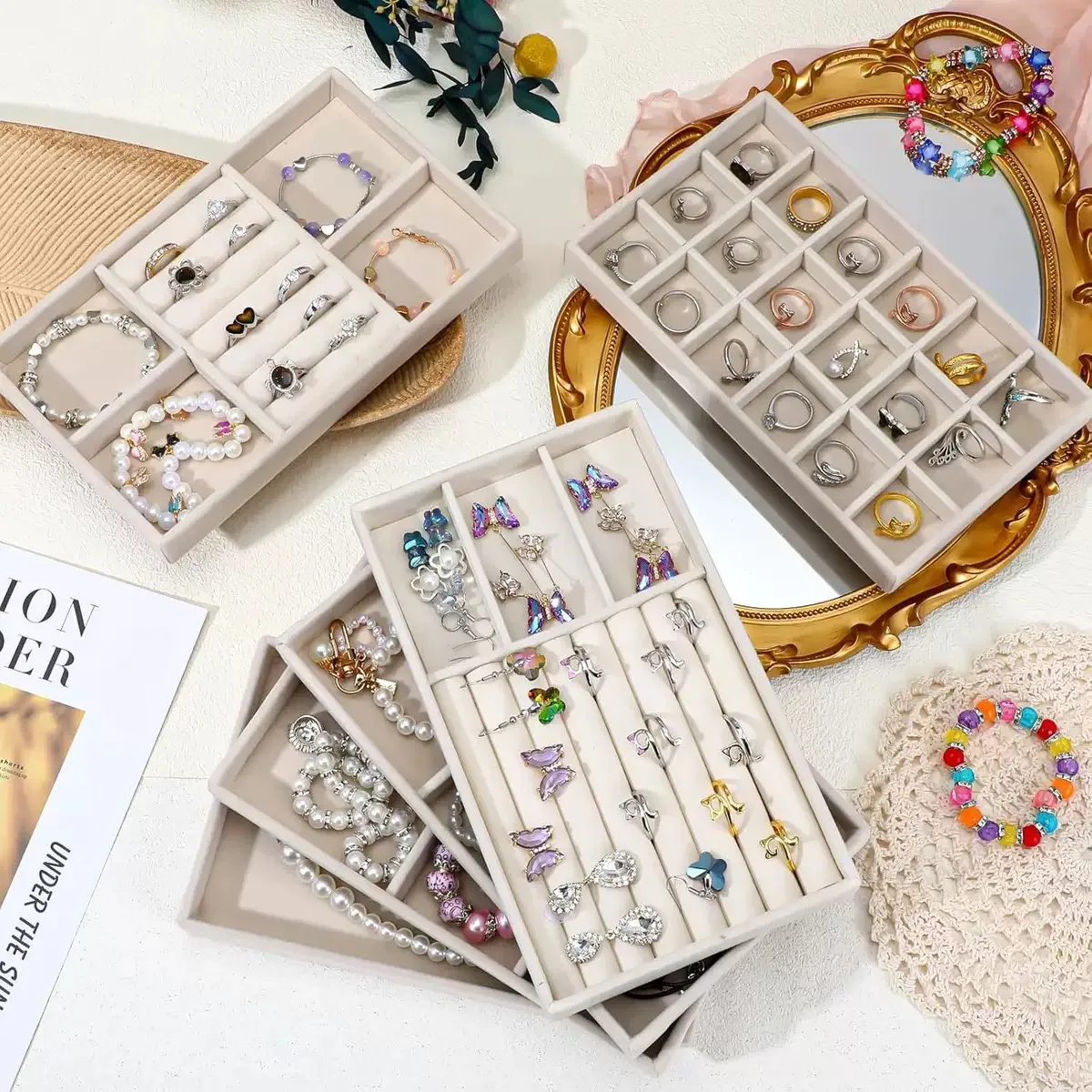 New Jewelry Organizer Velvet Jewelry Storage Tray Display Ring Bracelet Necklace Storage Box Showcase Drawer Organizer Trays