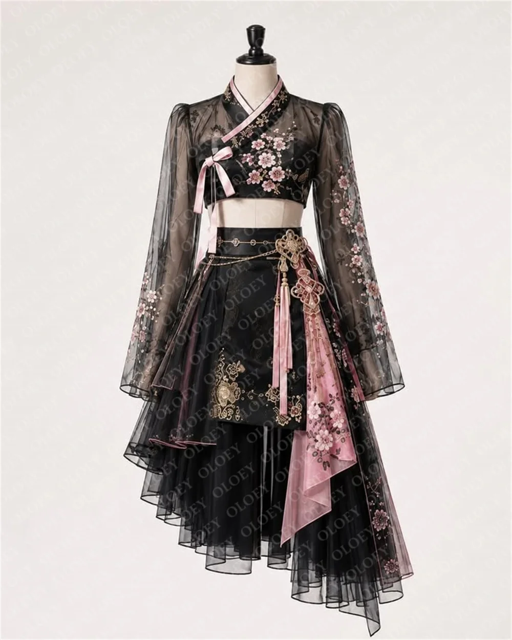 OLOEY Black Pink Modern Korea Hanbok Dress Organza Long Flare Sleeve Cross V Neck Top Asymmetrical Skirt Embroidery Customized