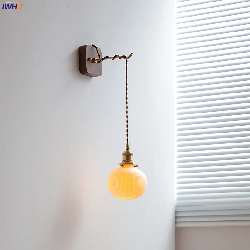 IWHD Ceramic Ball LED Wall Lights Fixtures Pull Chain Switch Plug In Walnut Canopy Copper Wandlamp Bathroom Bedroom Beside Lamp