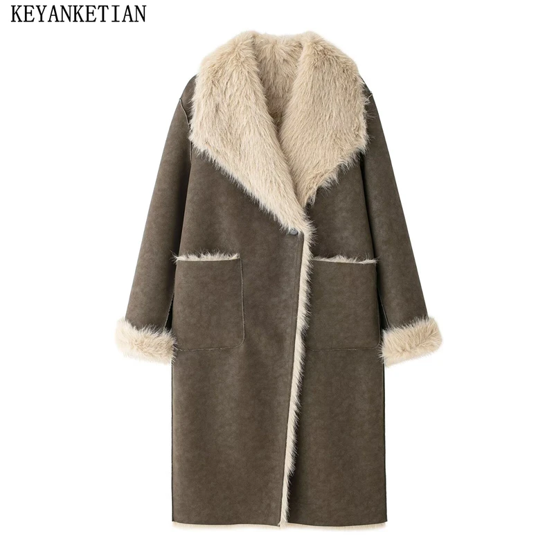 KEYANKETIAN 2024 Winter New Women's Fake fur Long Coat Thick Warm Pockets One-Button Reversible Blazer Loose Luxury Greatcoat