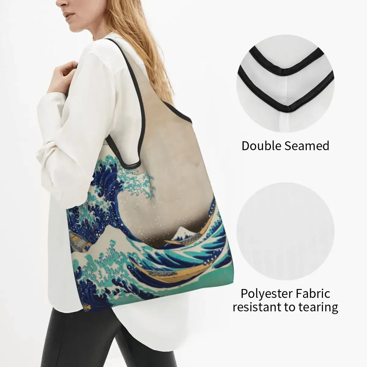 Cute Great Wave Off Kanagawa Vintage Japanese Shopping Tote Bag Portable Grocery Shopper Shoulder Bag