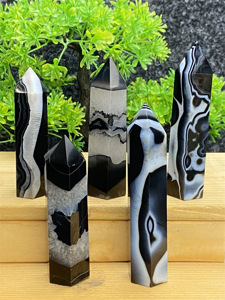 Natural High Quality Black Striped Agate Obelisk Reiki Healing Stick Feng Shui Wizard Sacrifice Home Decor Holiday Gift Gem Medi