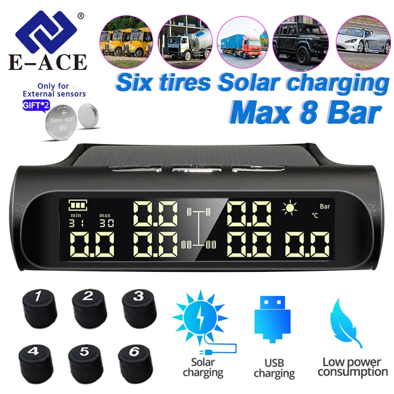 Solar TPMS 6 External Sensors Tire Pressure And Temperature Display Security Alarm Support Cars, RVs, Pickups Maximum 8Bar