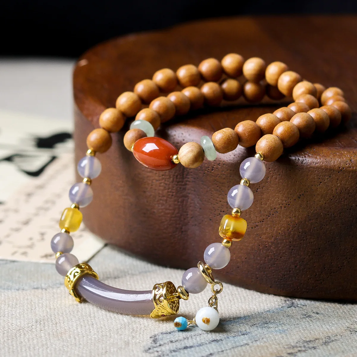 Original Sandalwood with Ash Agate Half Bracelet Double Loop Bracelet New Chinese Style Jadeite Gourd Bracelet Gifts