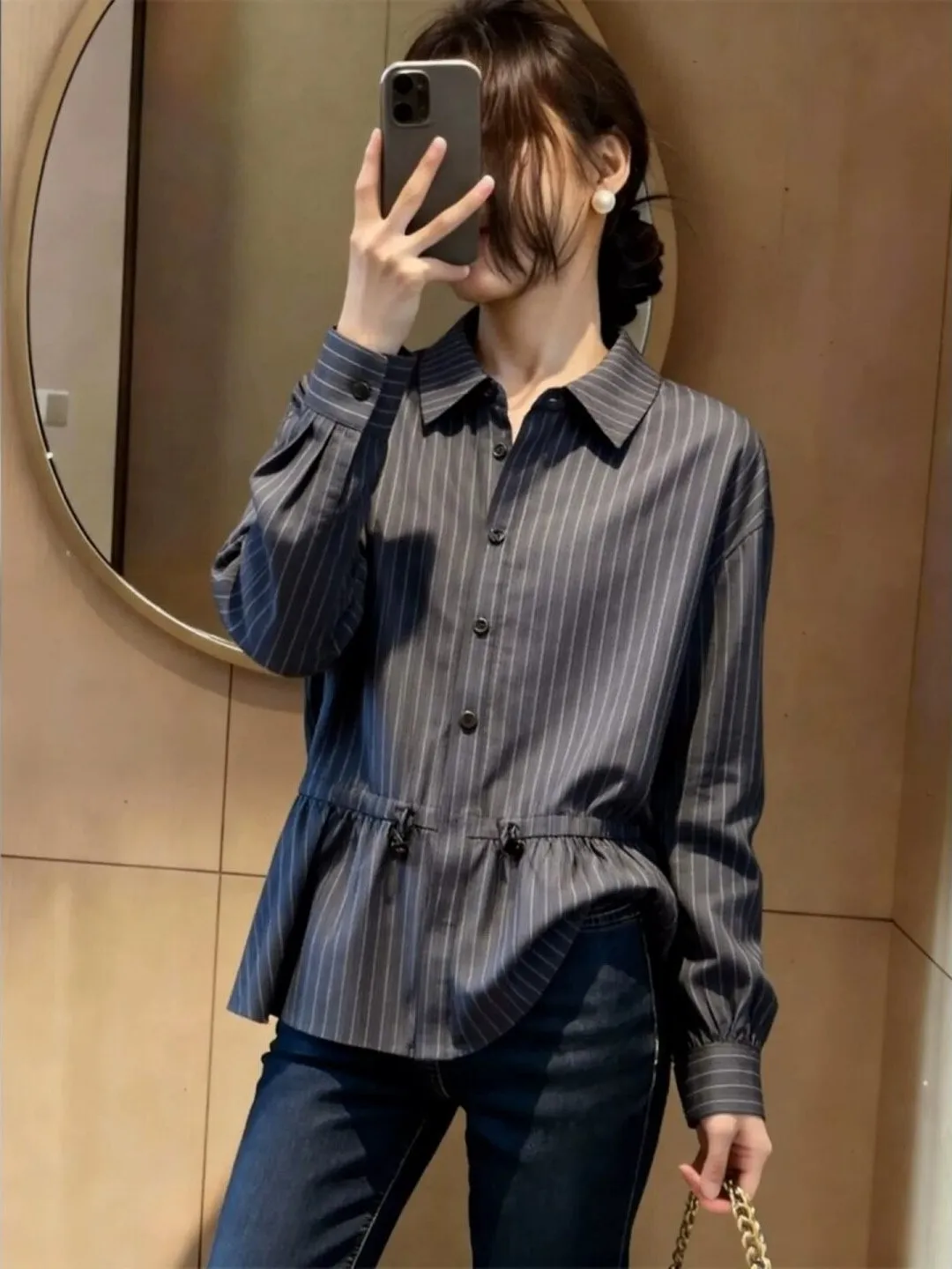 

Unique Grey Striped Women's Shirt Design Sensation Small Fashion Long Sleeve French Style Loose Fit Polyester Fiber round Neck