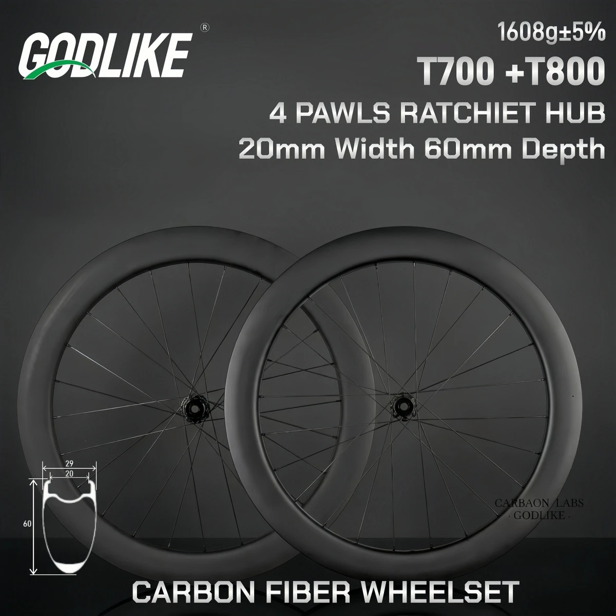 

Колесный комплект GODLIKE 700C из карбонового волокна для шоссейного велосипеда, обод 60 мм, ширина 20 мм, клинчерный, готовый к установке бескамерных шин, дисковые тормоза, карбоновое волокно