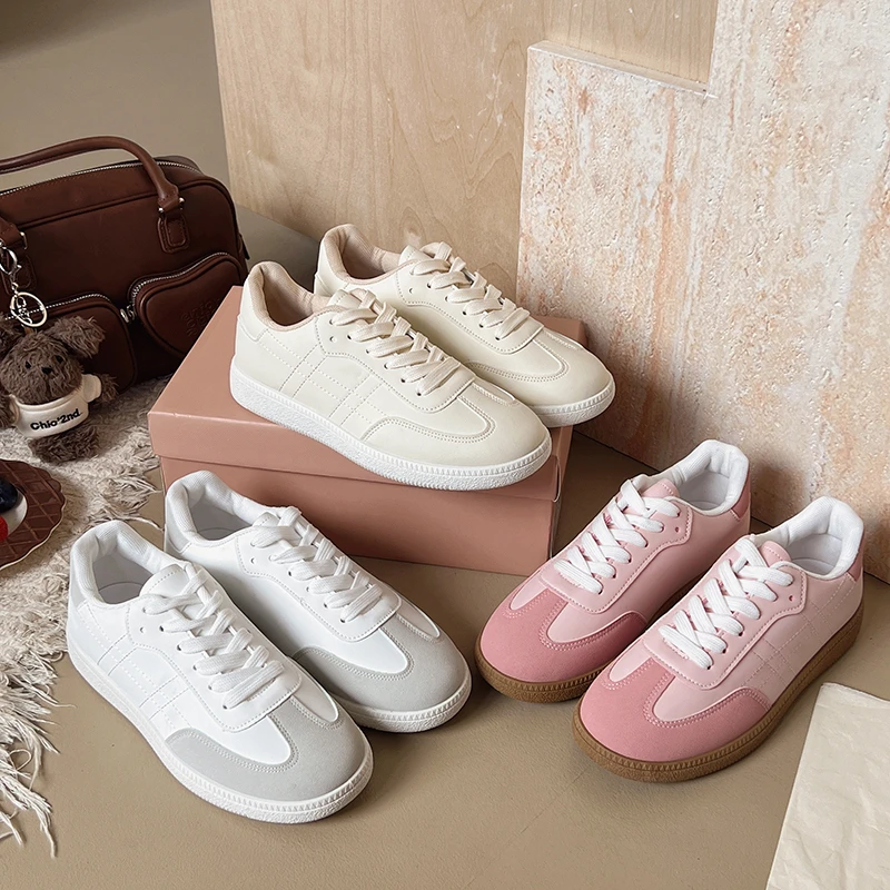 

Женская повседневная обувь из искусственной кожи, новинка 2025, женская обувь, модные розовые, белые кроссовки, дышащие женские кроссовки на шнуровке 326