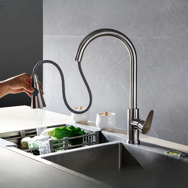 Kitchen 304 stainless steel double mixer faucet basin sink can be drawn can be rotated kitchen faucet