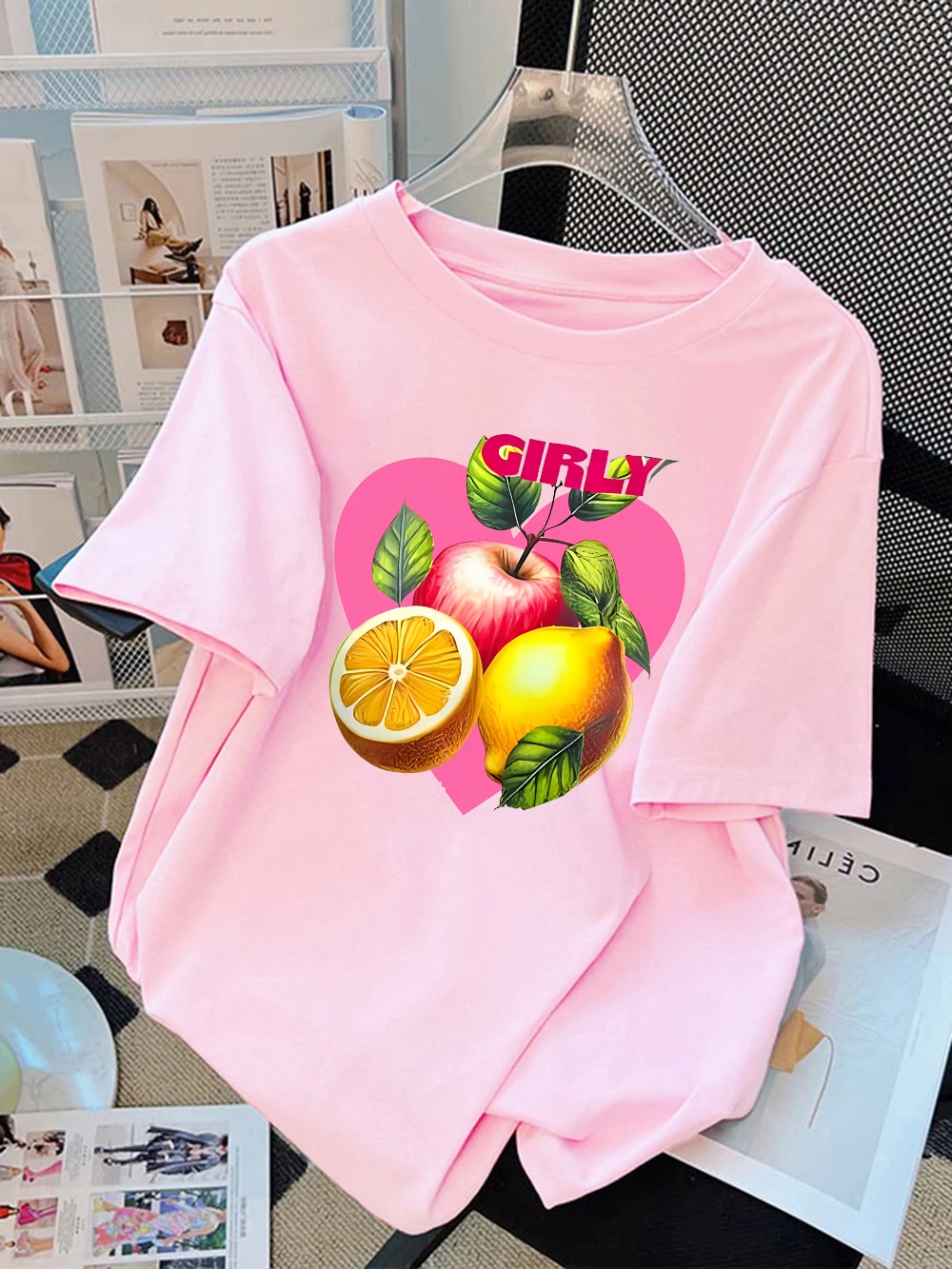 

Summer T-Shirts Cotton Womens Fruit, Apple, Lemon Printing Short Sleeve Comfortable Soft O-Neck Tops All-Match Womans Clothes