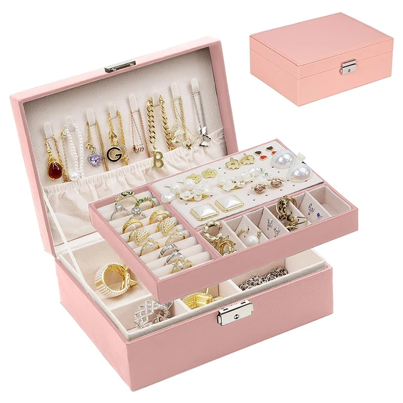 Pu Leather Jewelry Box Organizer Women Girls 2 Layer Jewelry Storage Case with Lock for Rings Earrings Necklace Bracelets