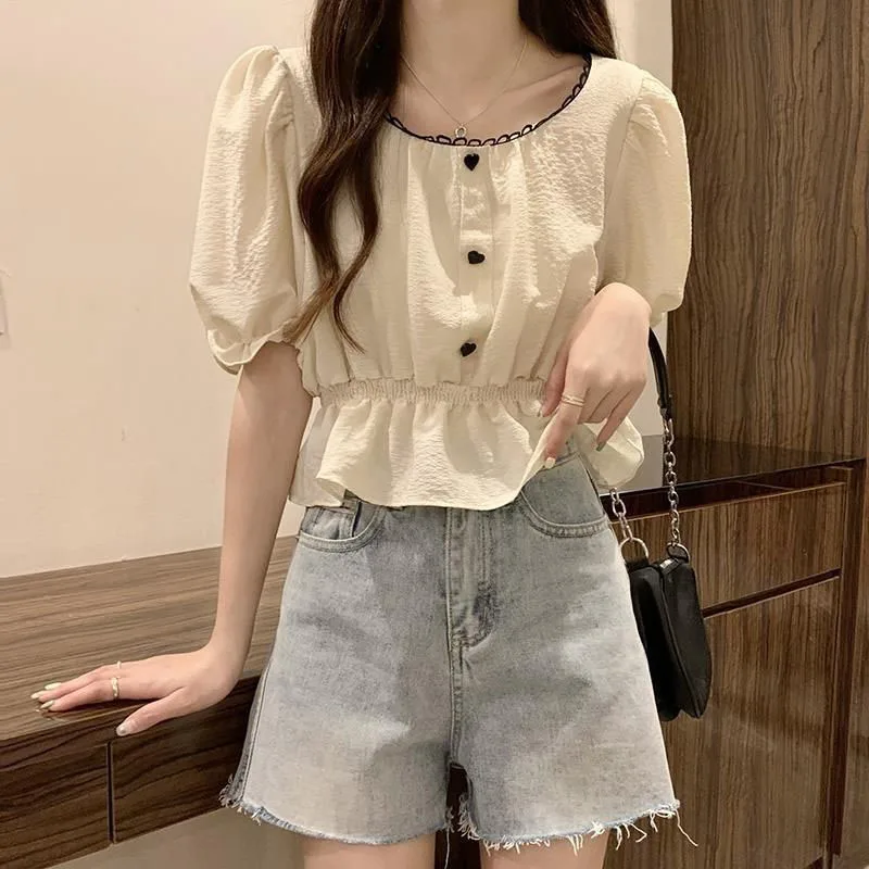 Xpqbb Summer Puff Sleeve Chiffon Shirt Women Sweet Cute Ruffles Waist-Tight Crop Tops Female Casual All-match White T-shirts