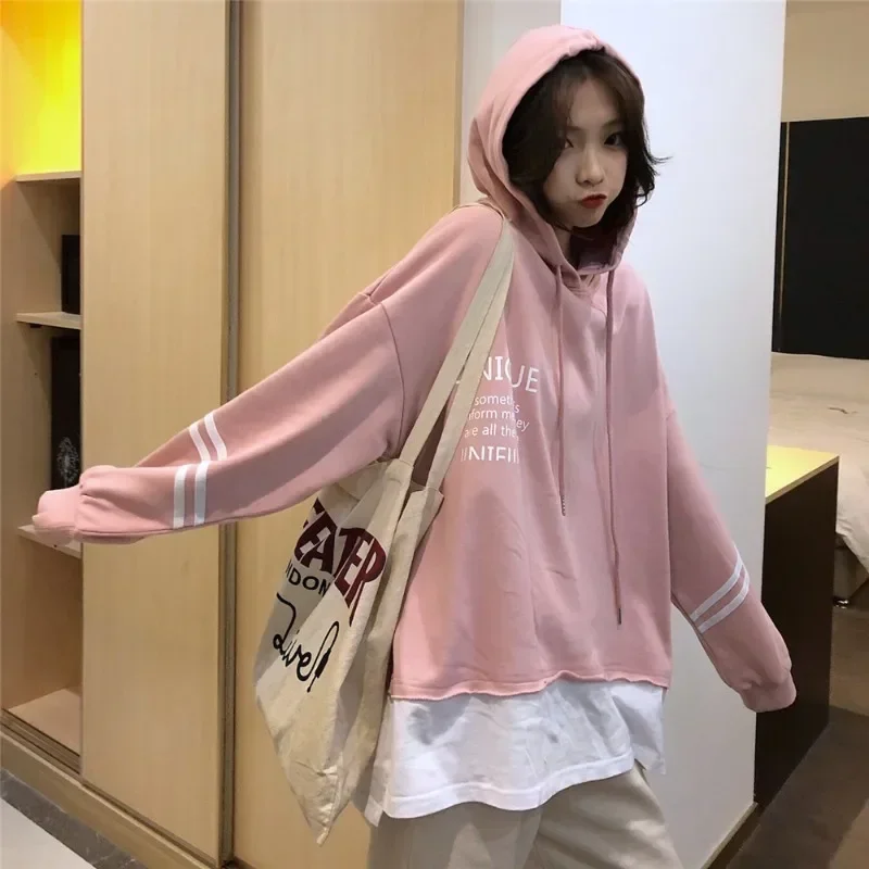 

Spring Autumn Women New Version Of Fake Two-piece Front And Back Letter Printing Hooded Sweater Girl Student Korean Trend Y2k
