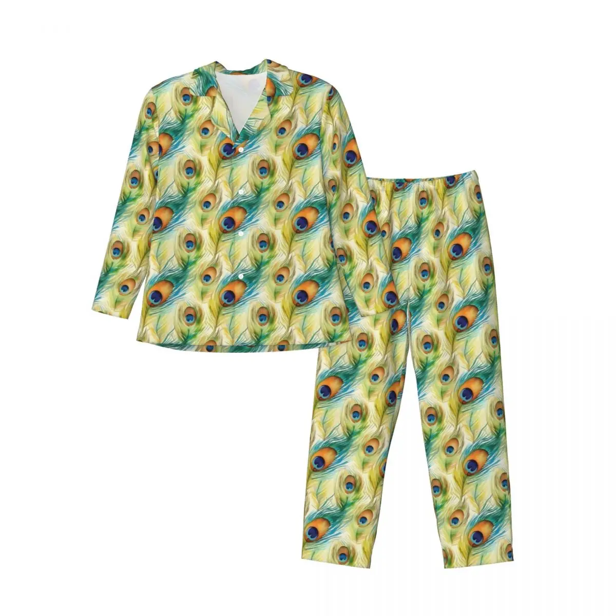 Watercolor Peacock Feathers Pajamas Mens Lovely Sleep Sleepwear Autumn 2 Pieces Casual Oversize Graphic Pajama Set